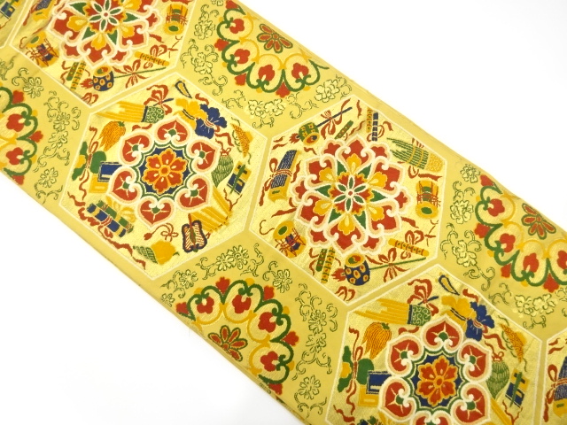 アンティーク　亀甲に華紋・宝尽くし・古楽器模様織り出し袋帯（材料）